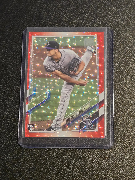 Ryan Castellani Rockies baseball card in protective sleeve from 2021 Topps Castellani Red series