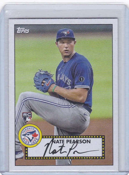 Baseball card of Nate Pearson in wind-up for Toronto Blue Jays 2021 Redux Card