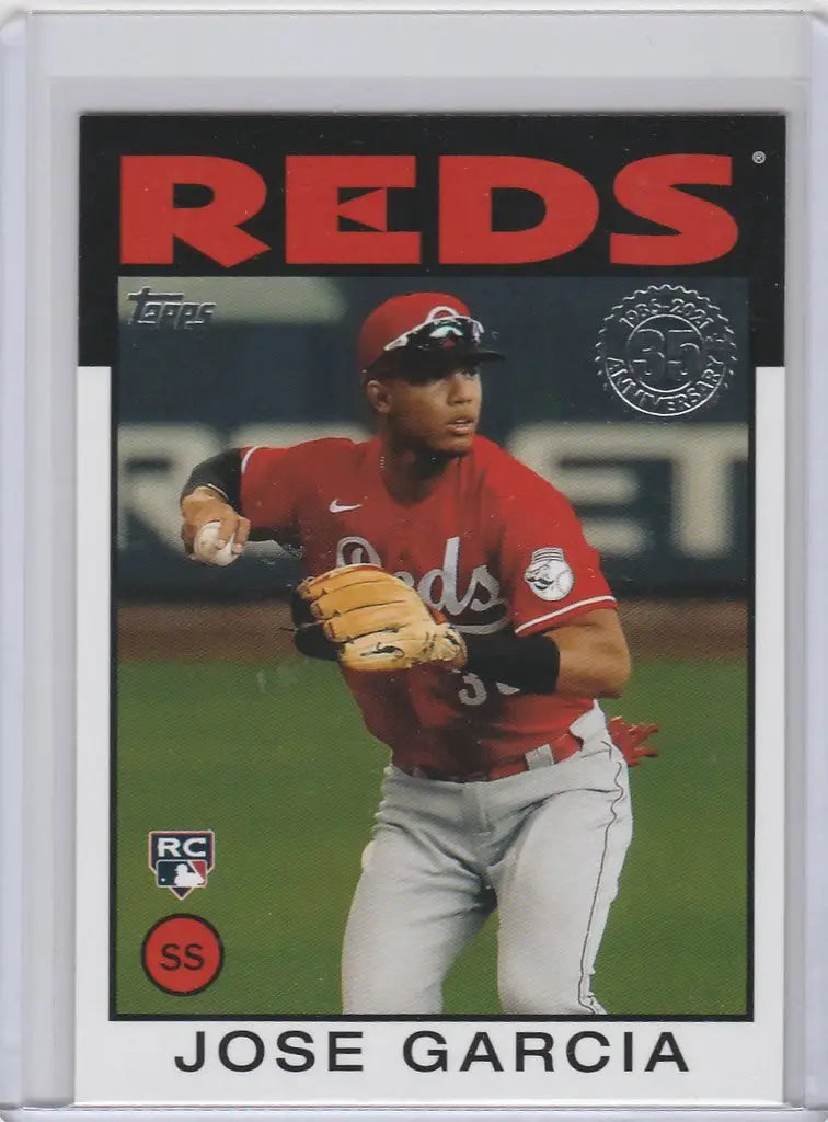 Baseball card of Jose Garcia Cincinnati Reds in red uniform, 86B-3 Jose Garcia