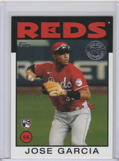 Baseball card of Jose Garcia Cincinnati Reds in red uniform, 86B-3 Jose Garcia