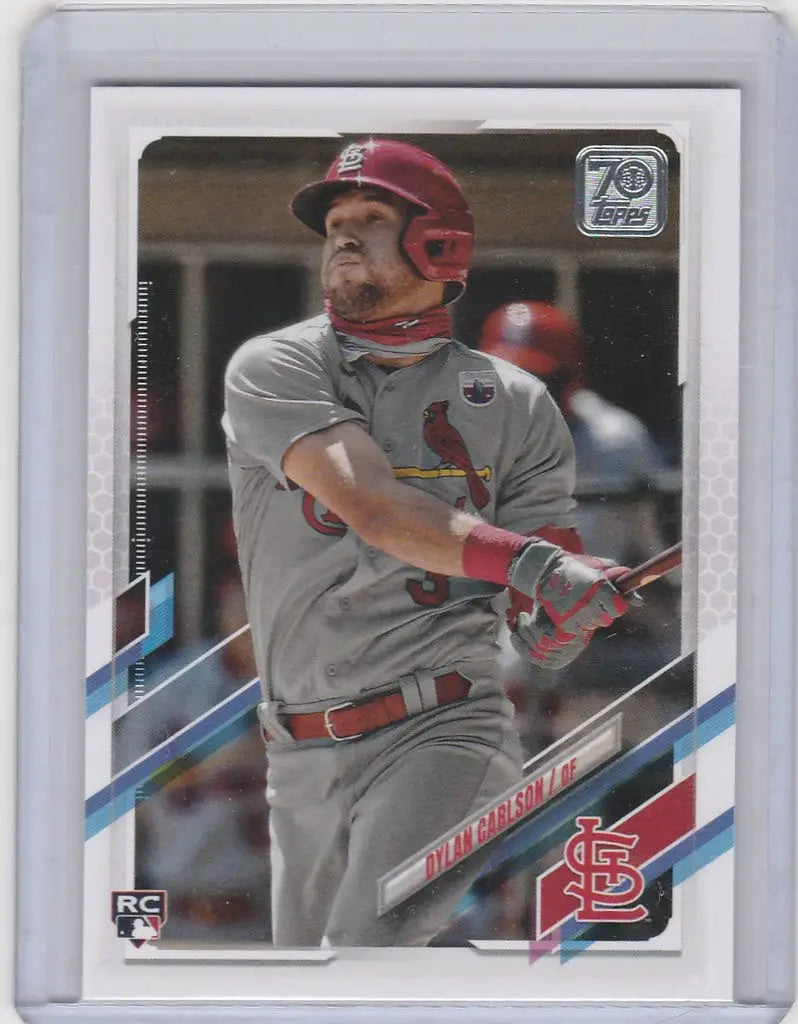 Baseball card of Dylan Carlson in gray away uniform for St. Louis Cardinals