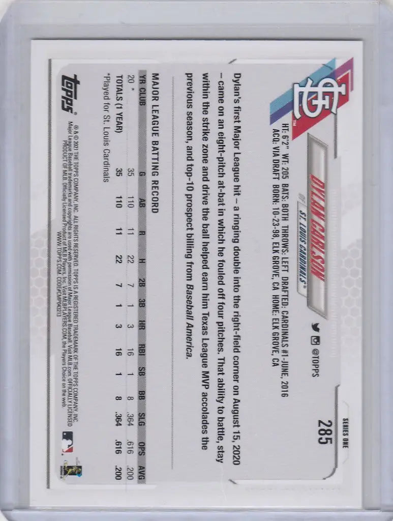 Back of 2021 Topps #285 Dylan Carlson St Louis Cardinals trading card showing player stats