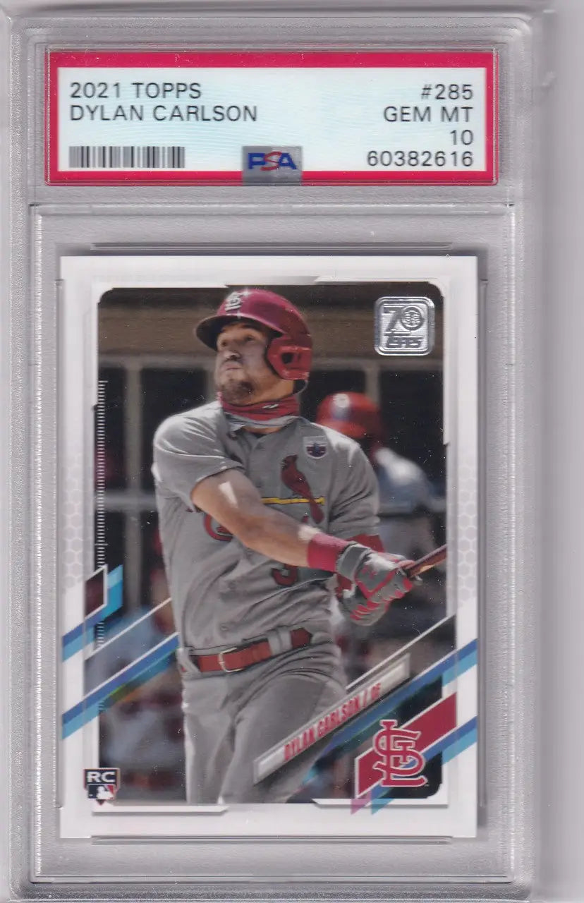 Graded baseball card of Dylan Carlson in gray uniform for St Louis Cardinals PSA 10