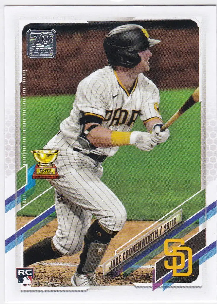 Baseball player Jake Cronenworth in San Diego Padres uniform swinging bat for Cronenworth RC San