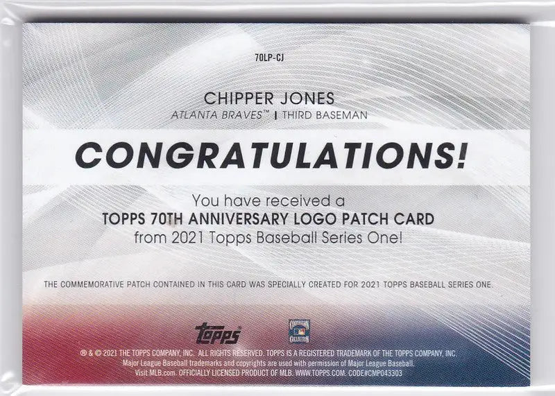Congratulatory card featuring Chipper Jones logo patch from 2021 Topps Atlanta Braves series