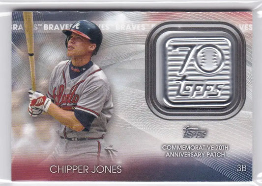 Baseball trading card of Chipper Jones in gray uniform with Atlanta Braves logo patch