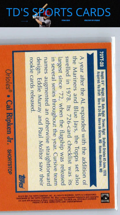 Baseball card back of Cal Ripken from 2021 Topps #70YT-28 70 Years of Topps Baseball