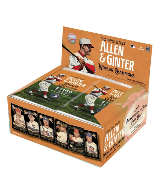 Image of Topps Allen & Ginter World’s Champions baseball card box in 2021 Topps Allen & Ginter X Baseball Hobby Box