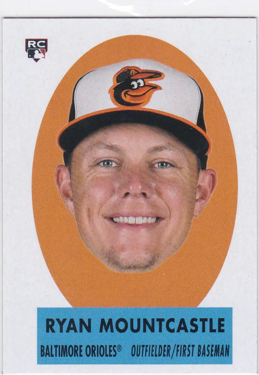 Baseball card of Ryan Mountcastle in Topps Archives orange oval Insert Orioles design