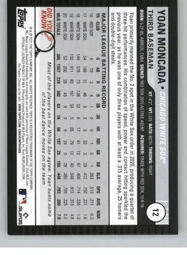 2021 Topps Big League Yoan Moncada baseball card back with original gloss and simply Sandoval