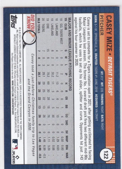 2021 Topps Big League #122 Casey Mize Orange RC showcasing Detroit Tigers player stats