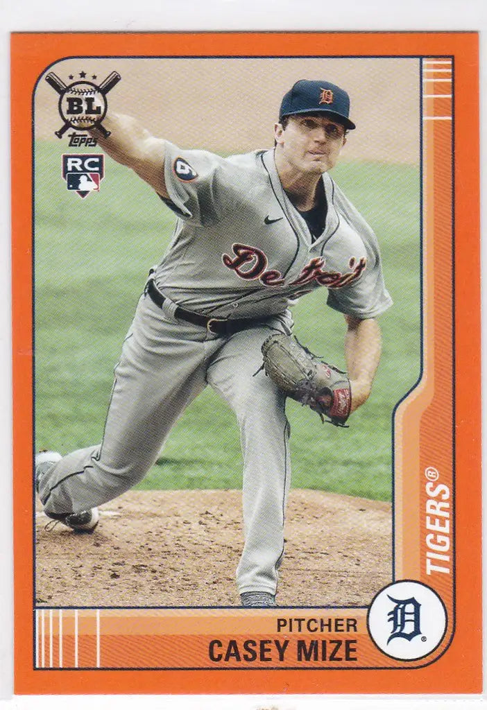 Baseball card of Casey Mize throwing on the mound for the Detroit Tigers in Topps Big League