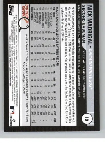Baseball card back with original gloss from Topps Big League 2021 featuring Nick Madrigal