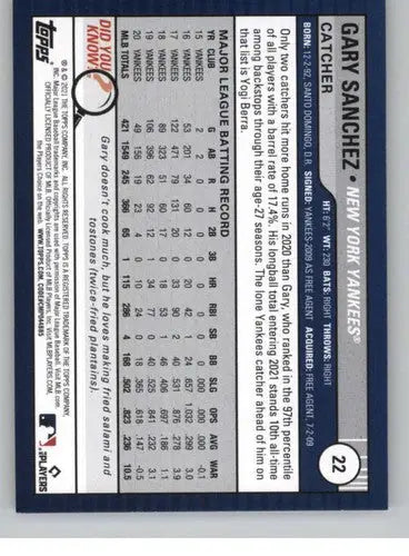 Baseball card back showing 2021 Topps Big League Gary Sanchez sports card with original gloss