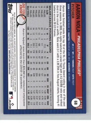 Aaron Nola baseball card from 2021 Topps Big League series featuring Phillies player