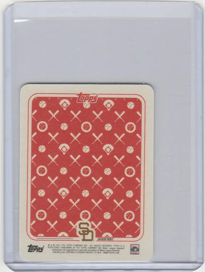 Baseball card with red patterned back in sleeve, Topps Blake Jamieson Tony Gwynn San Diego