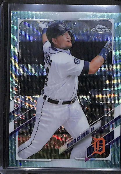 Miguel Cabrera mid-swing in a 2021 Topps Chrome Aqua Wave Refractor baseball card