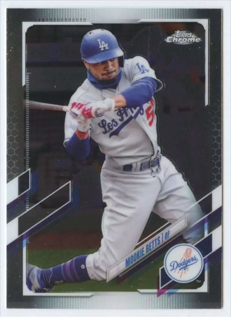 Mookie Betts batting in gray uniform on 2021 Topps Chrome Los Angeles Dodgers card