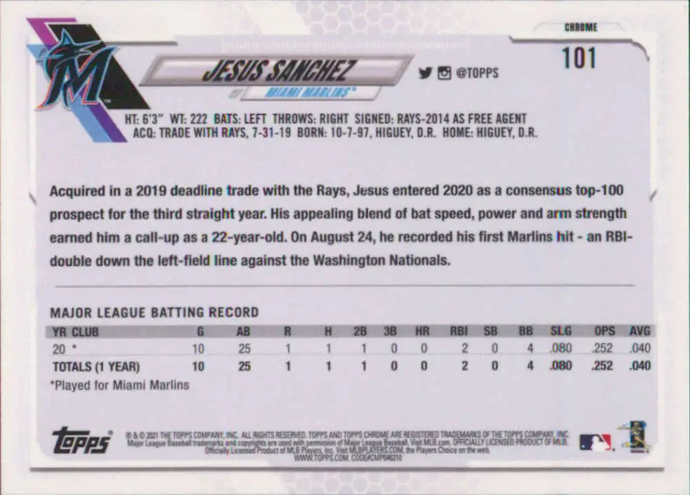 Back of 2021 Topps Chrome #101 Jesus Sanchez NM-MT RC Miami Marlins Baseball Card