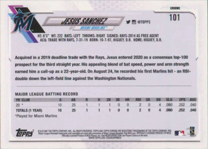 Back of 2021 Topps Chrome #101 Jesus Sanchez NM-MT RC Miami Marlins Baseball Card