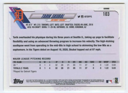 Baseball card featuring Tarik Skubal’s stats from the 2021 Topps Chrome Detroit Tigers