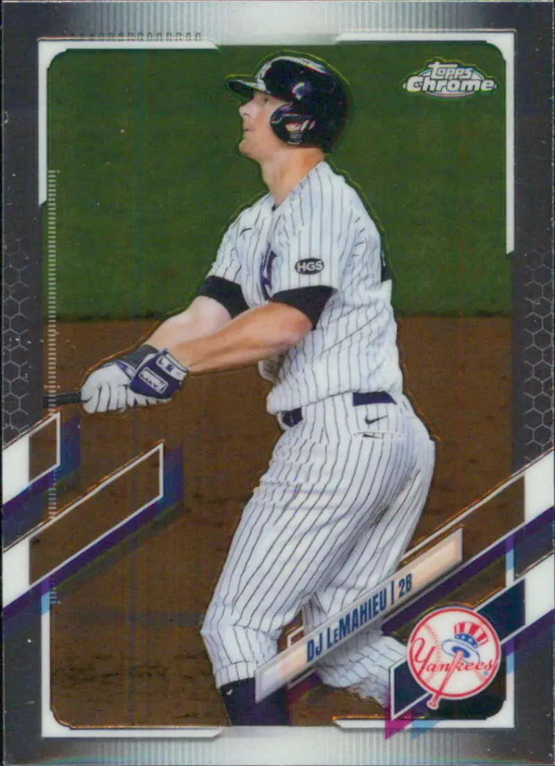 Baseball player in New York Yankees pinstripe uniform swinging bat for Yankees baseball card