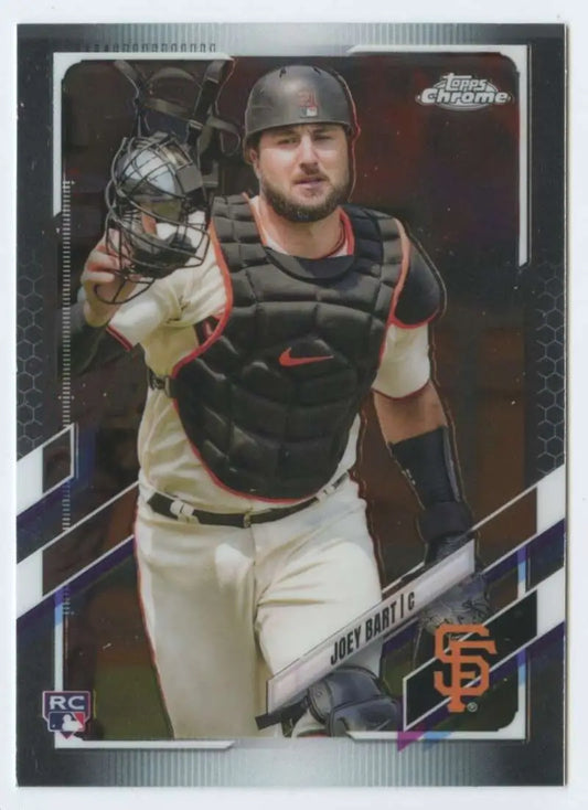 Joey Bart in San Francisco Giants gear showcasing mitt on Topps Chrome baseball card
