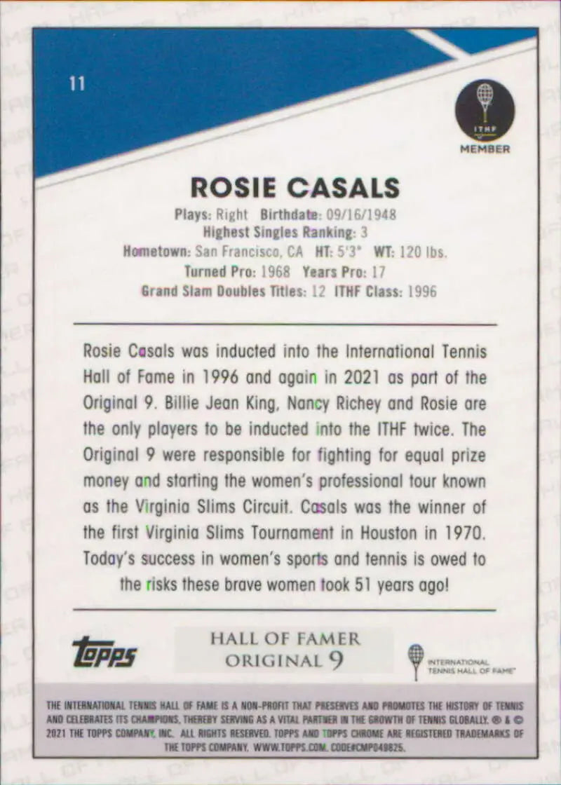 Tennis card showcasing Rosie Casals’ achievements in the Topps Chrome collection