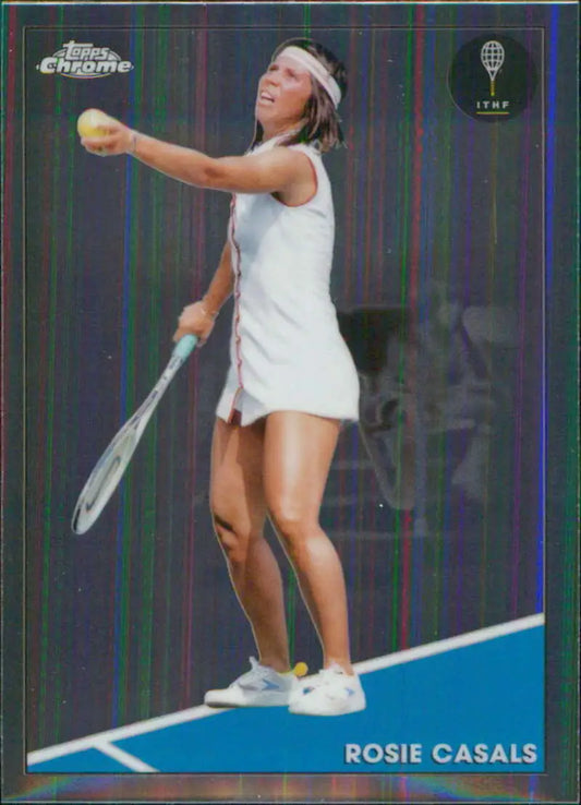 Rosie Casals serving in white attire on 2021 Topps Chrome Tennis Card