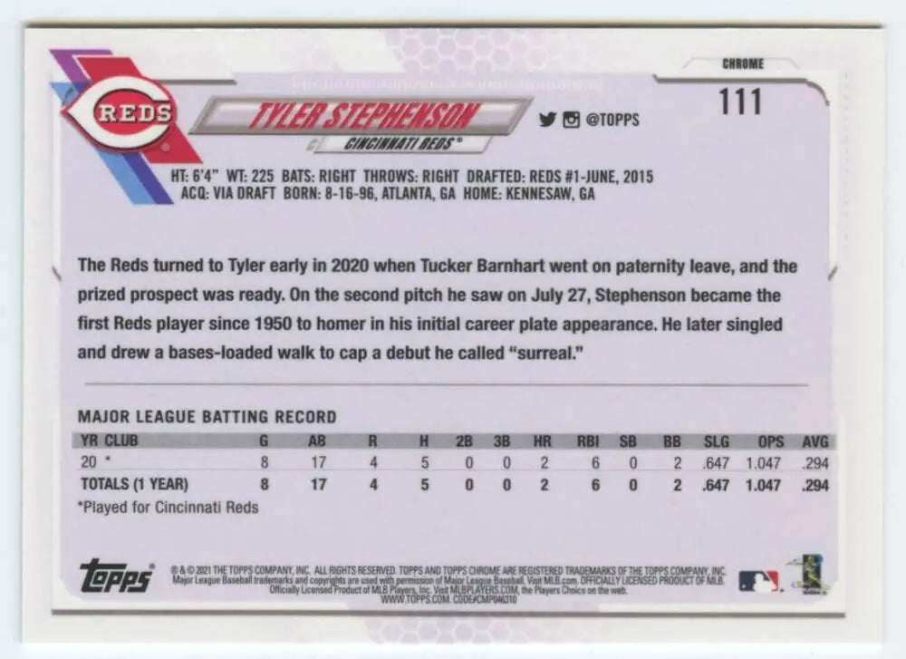 Tyler Stephenson 2021 Topps Chrome #111 Rookie Baseball Card for Cincinnati Reds