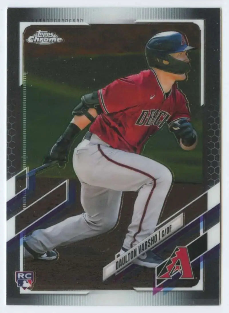 Baseball card of Daulton Varsho in red jersey, 2021 Topps Chrome Arizona Diamondbacks