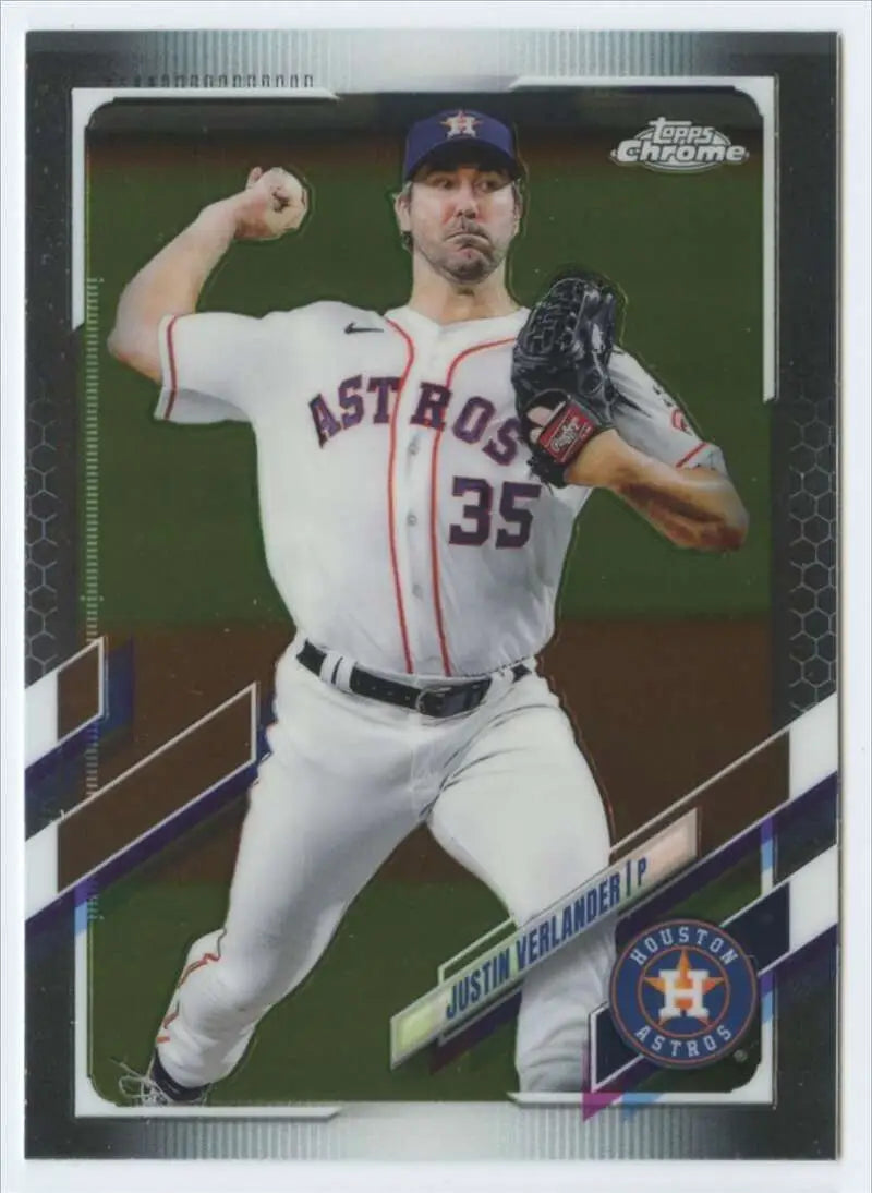 Justin Verlander throwing a pitch in Houston Astros uniform for baseball card collectors