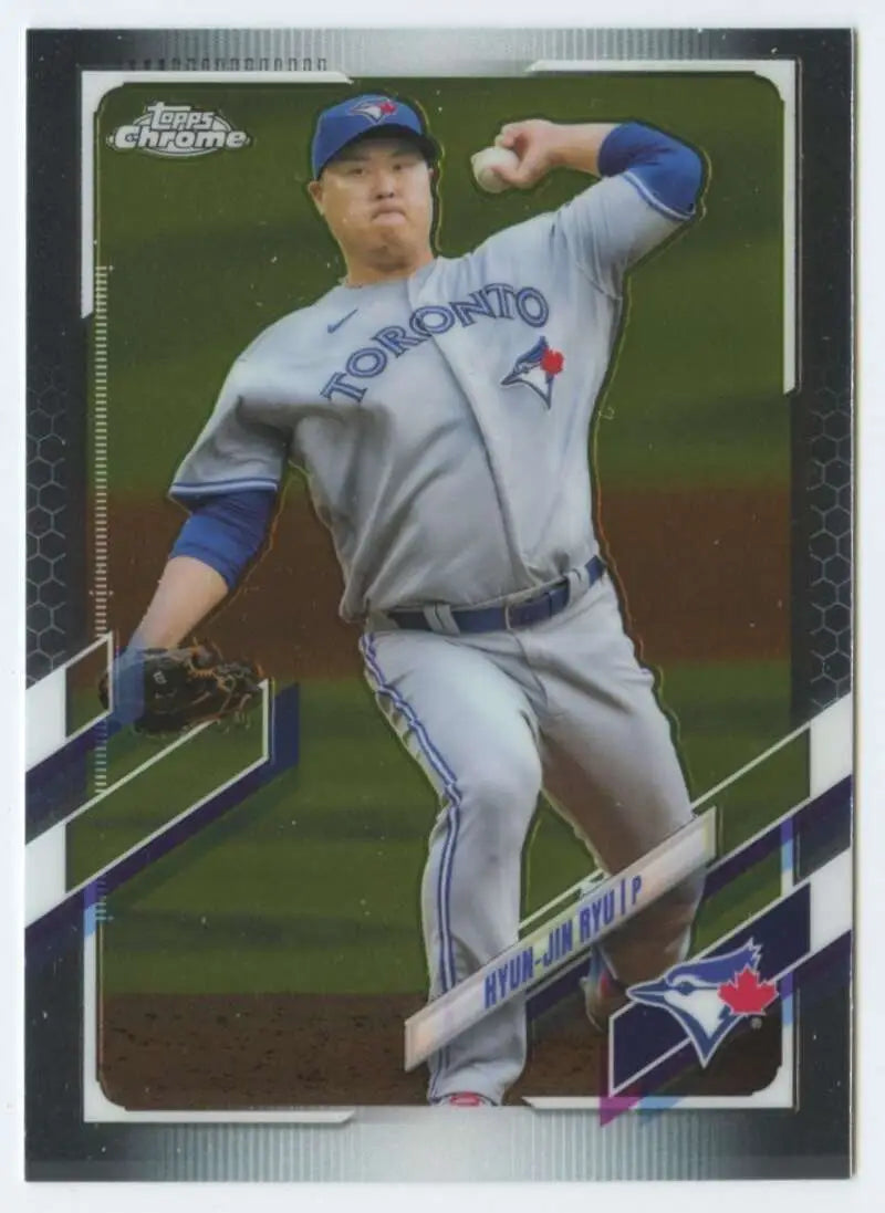 Baseball player in Toronto Blue Jays uniform pitching on 2021 Topps Chrome card