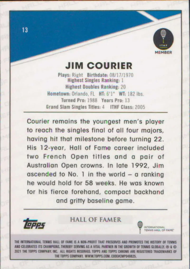 Tennis card featuring Jim Courier’s career highlights from Topps Chrome 2021