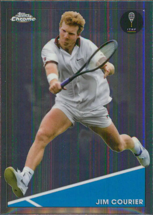 Jim Courier in white attire stretching for a shot on a Topps Chrome Tennis Card
