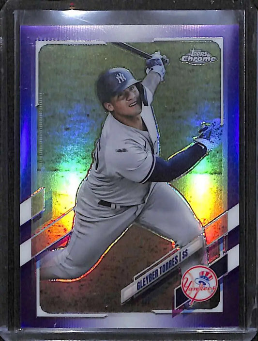 Chrome rainbow reflective baseball card of Gleyber Torres in batting stance, Purple Refractor