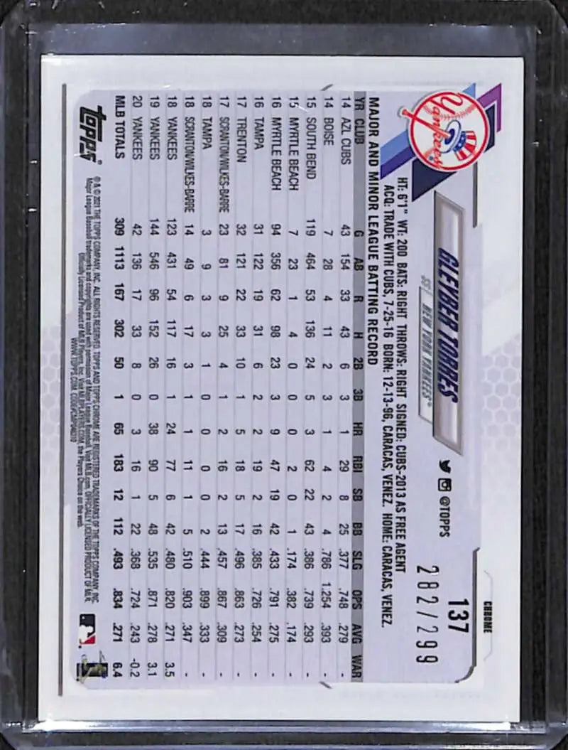 Back of 2021 Topps Chrome #137 Gleyber Torres Purple Refractor baseball card statistics