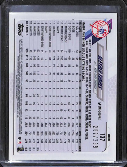 Back of 2021 Topps Chrome #137 Gleyber Torres Purple Refractor baseball card statistics