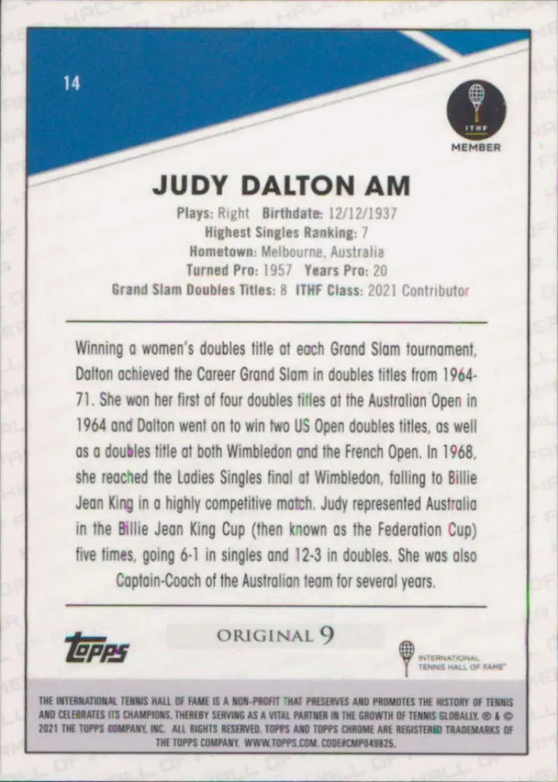 Trading card featuring Judy Dalton’s achievements in 2021 Topps Chrome Tennis Card