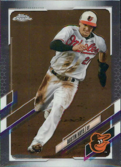 Austin Hays running on the field in Baltimore Orioles white uniform for Topps Chrome card