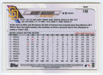 Manny Machado San Diego Padres baseball card with player statistics and batting record