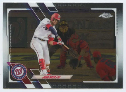 Juan Soto at bat in Washington Nationals uniform on 2021 Topps Chrome #150 card