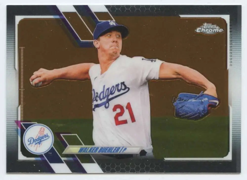 Baseball card of Walker Buehler, Los Angeles Dodgers pitcher in mid-throwing motion