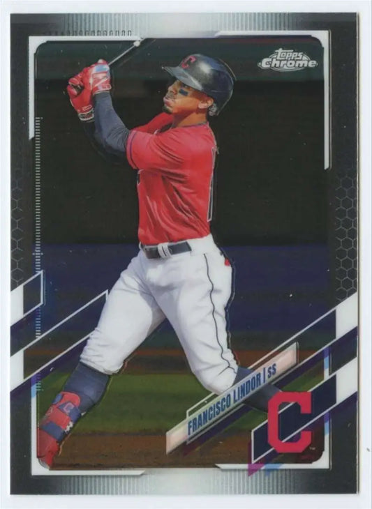 Francisco Lindor swinging a bat in red Cleveland Indians jersey on baseball card