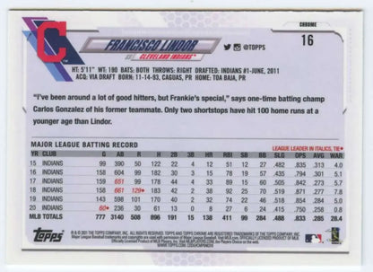 Baseball card featuring Francisco Lindor stats from 2021 Topps Chrome Cleveland Indians Baseball