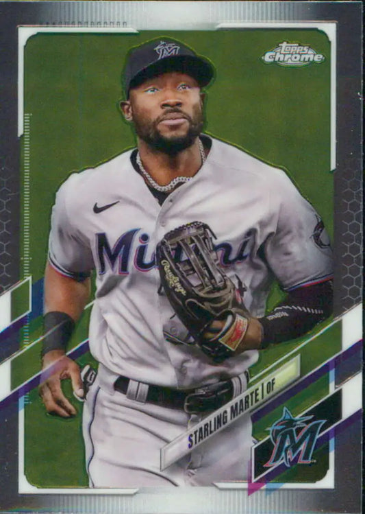 Miami Marlins baseball card of Starling Marte in a white jersey from 2021 Topps Chrome