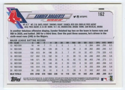 Back of 2021 Topps Chrome #162 Xander Bogaerts Baseball Card with Red Sox stats