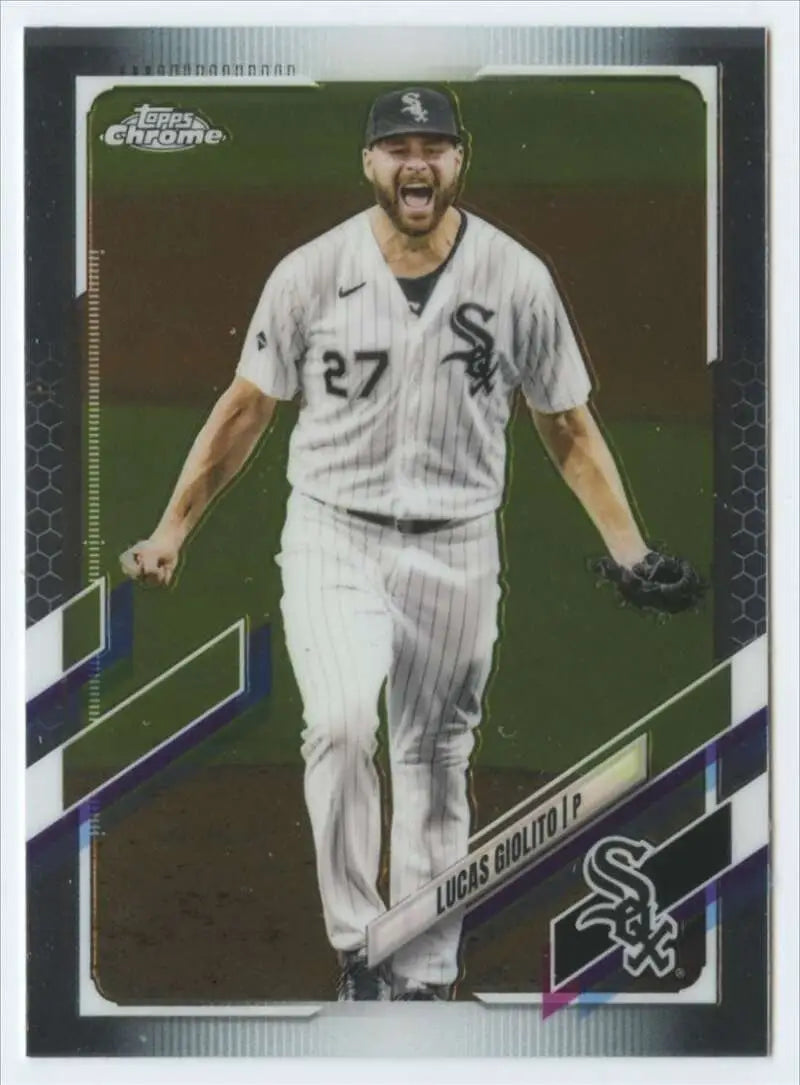 Chrome baseball card of Lucas Giolito in Chicago White Sox pinstripes number 27