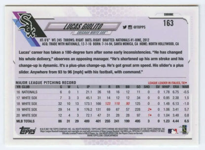 Lucas Giolito Chicago White Sox baseball card showcasing pitching statistics and career info