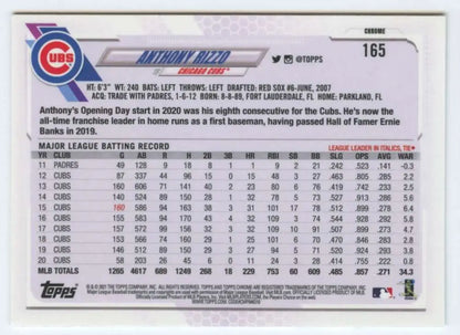 Anthony Rizzo 2021 Topps Chrome Baseball Card showcasing Chicago Cubs batting stats